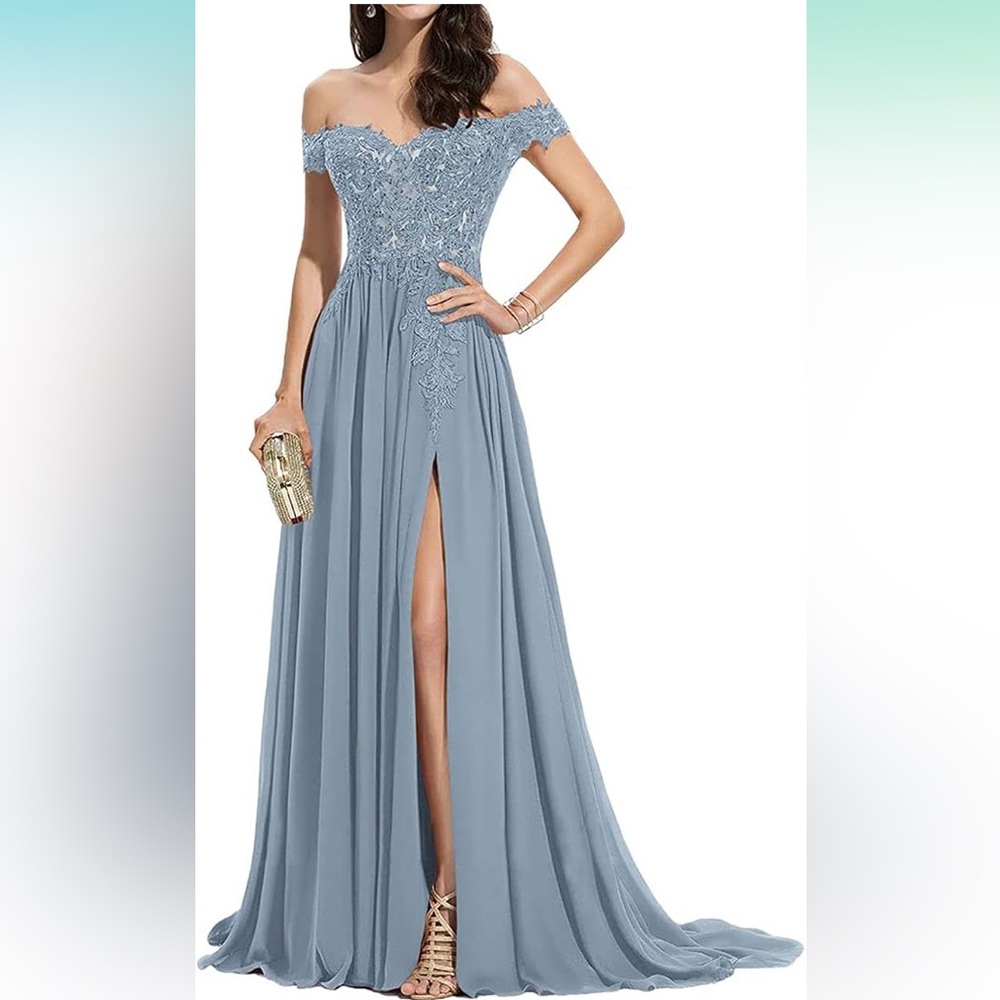 Women's Laces Appliques Bridesmaid Dresses Long Chiffon Off Shoulder with Slit